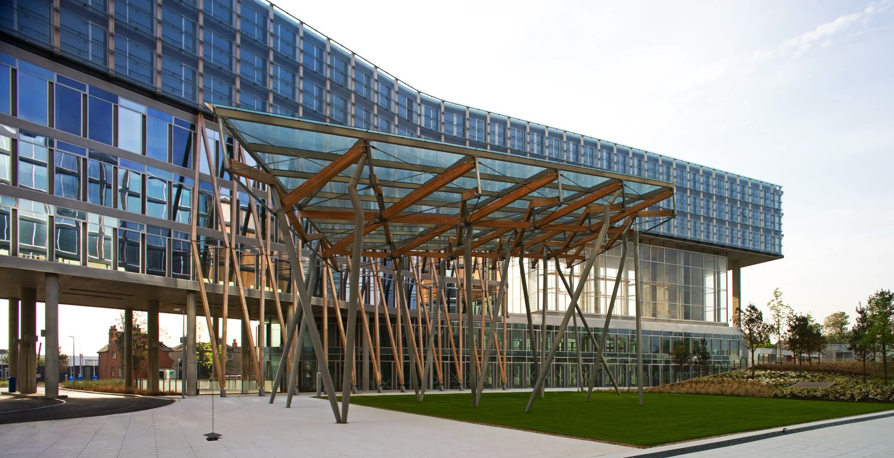 Glulam timber canopy structure over the lawn at Elmpark Green