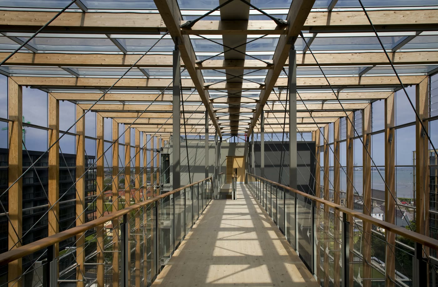 The timber bridge walkway between buildings